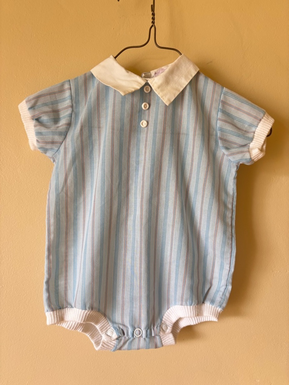 Vintage Baby Boys' Blue Stripe Polo Romper with White Collar 3m